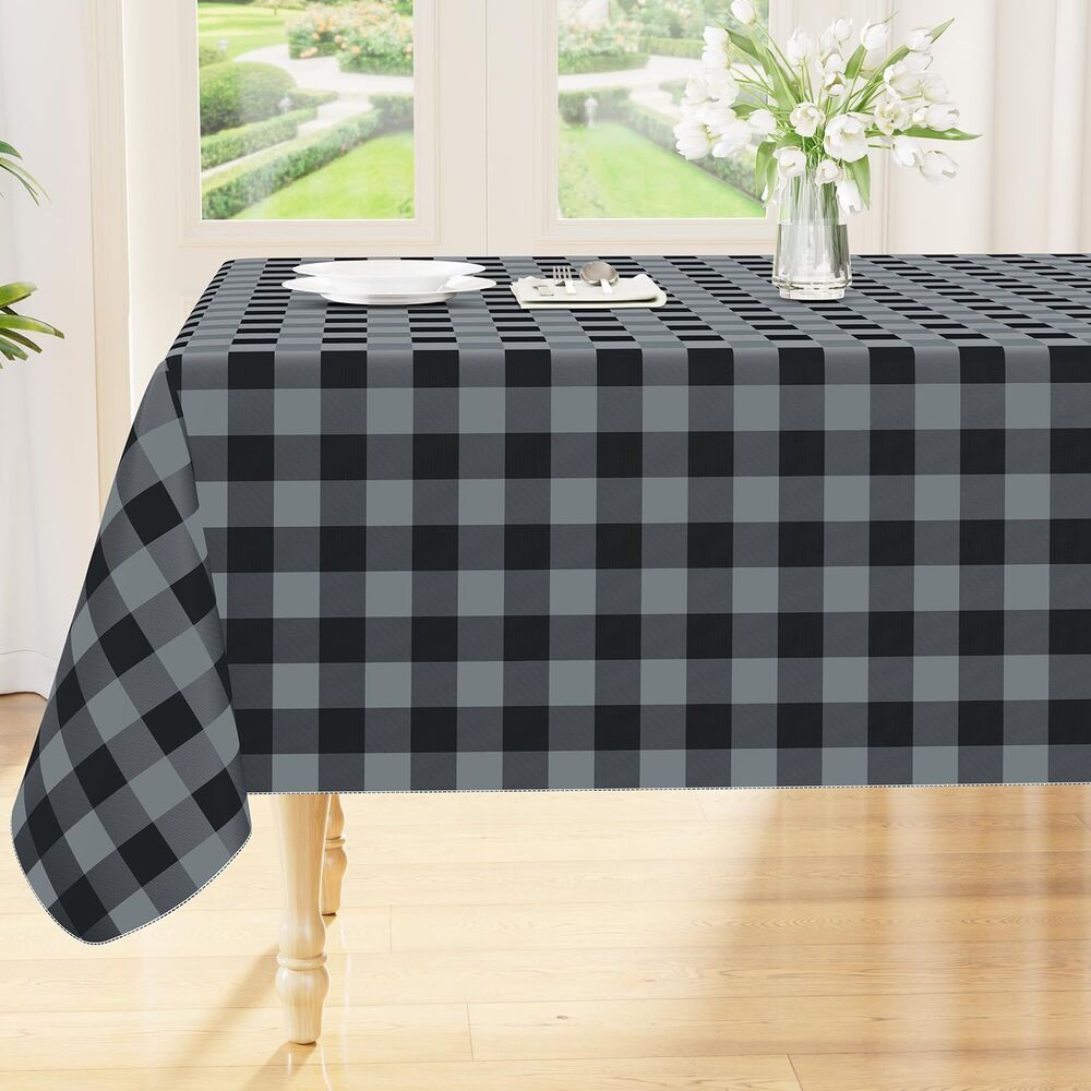 52"x70" Rectangle Waterproof Vinyl Tablecloth, Indoor Outdoor (Black & Grey)